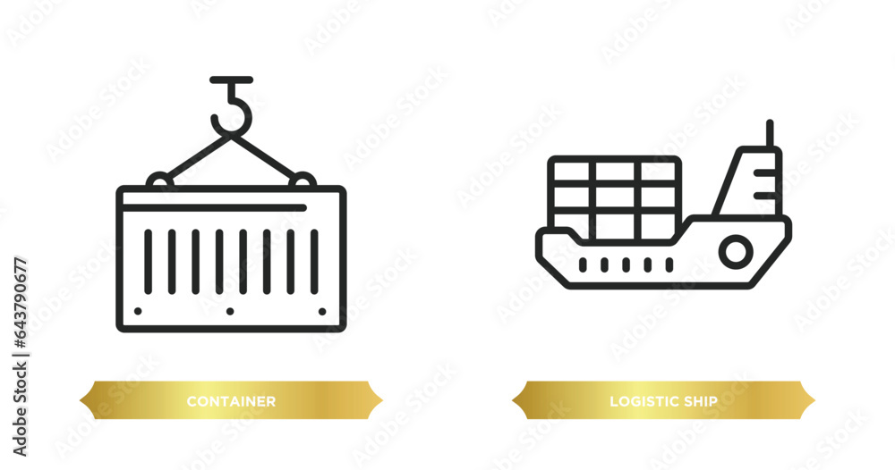Poster two editable outline icons from delivery and logistic concept. thin line icons such as container, lo