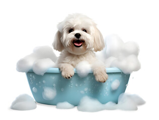 Cute little Shih-Tzu dog in a bath with foam, isolated on white background, cute pet concept, realistic 3D illustration, generative ai - obrazy, fototapety, plakaty