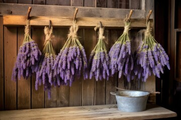 freshly cut lavender bundles hanging on rustic wooden rack