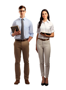 Male and Female Schoolteachers standing together, isolated on a white background, different professions concept, realistic design illustration, generative ai