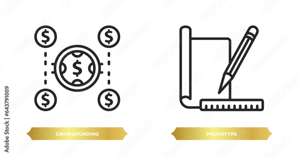 Poster two editable outline icons from crowdfunding concept. thin line icons such as crowdfunding, prototyp