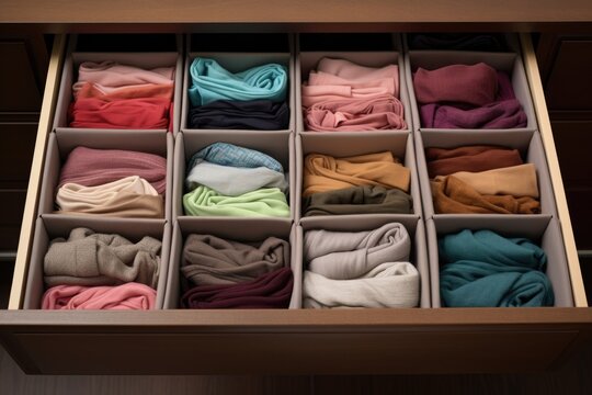 Neat and tidy sock drawer with folded socks of various colors