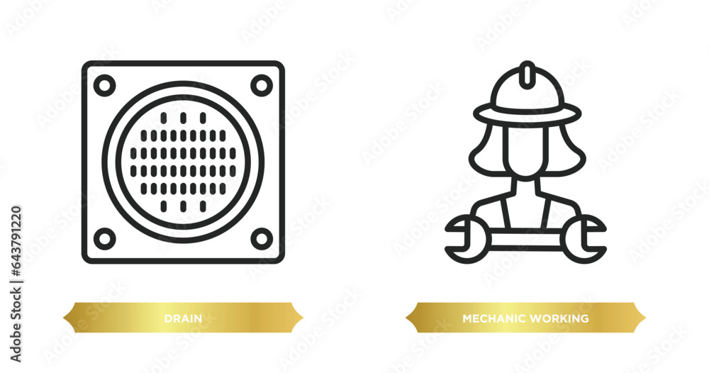 Poster two editable outline icons from construction and tools concept. thin line icons such as drain, mecha