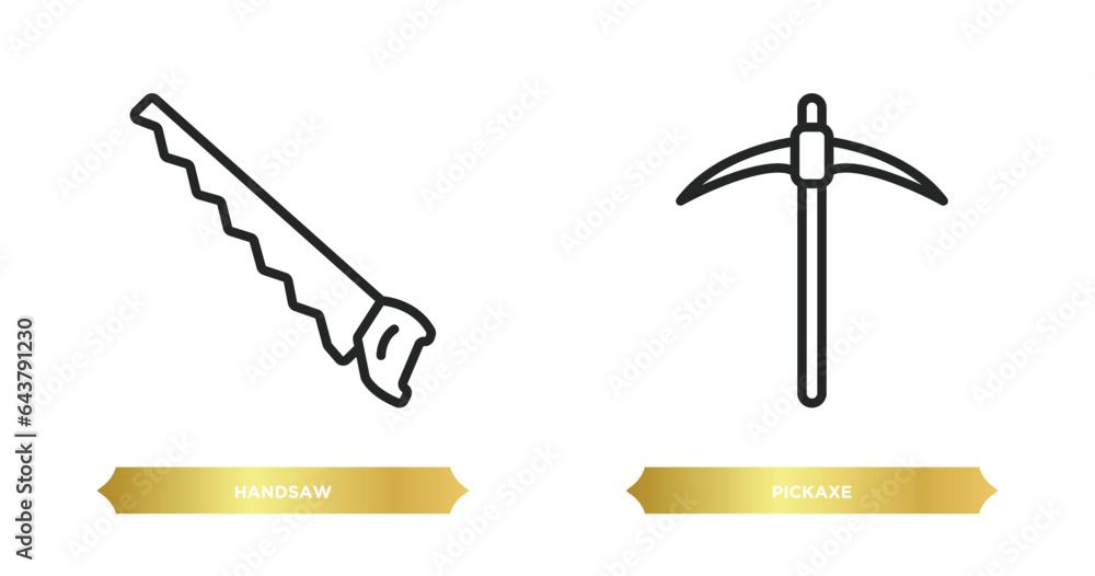 Poster two editable outline icons from construction and tools concept. thin line icons such as handsaw, pic