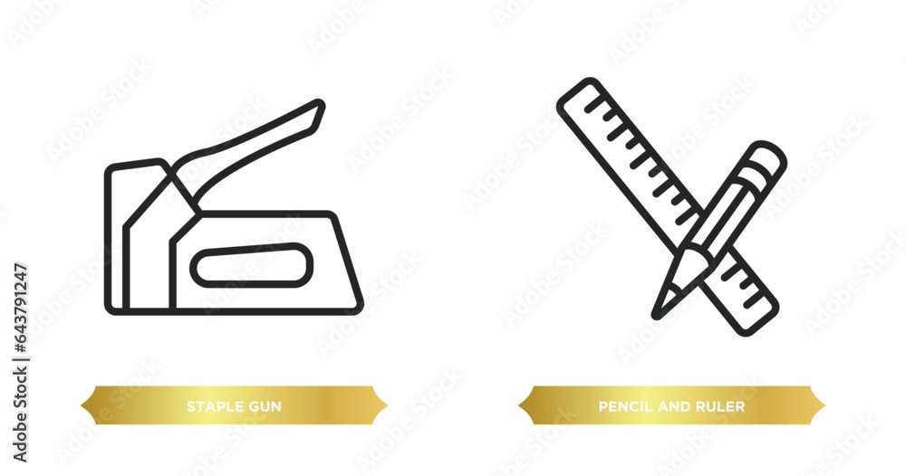 Poster two editable outline icons from construction and tools concept. thin line icons such as staple gun, 
