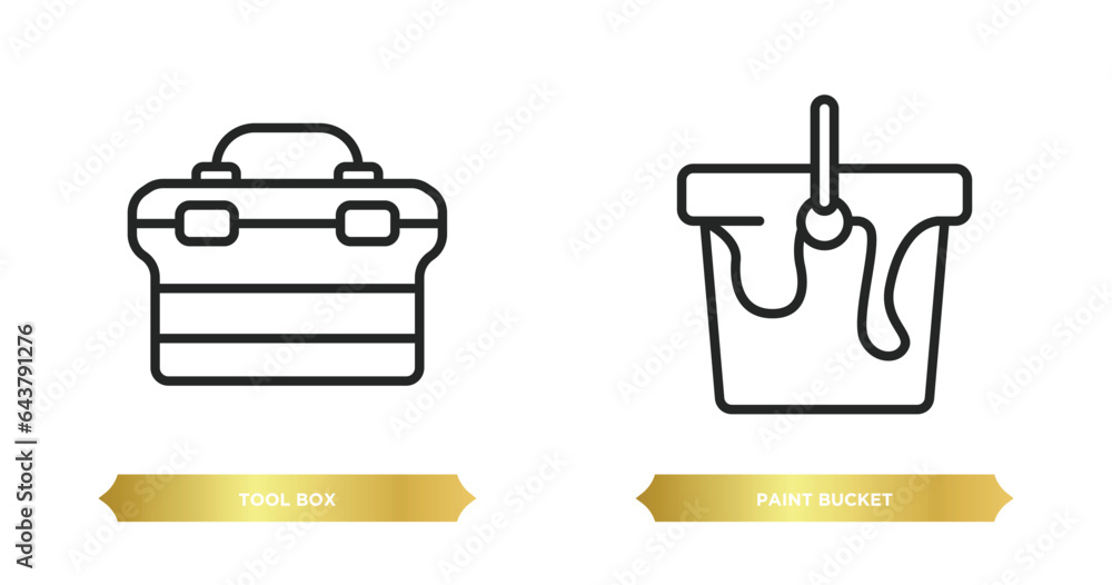 Poster two editable outline icons from construction concept. thin line icons such as tool box, paint bucket