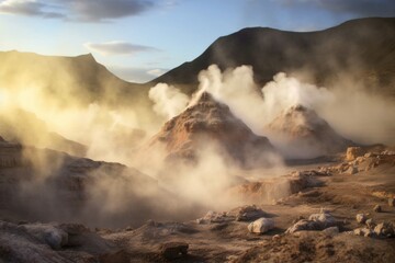 Fototapeta premium steam vents releasing fumes in volcanic landscape