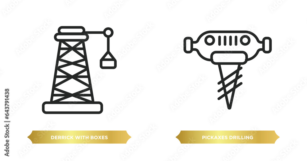 Poster two editable outline icons from construction concept. thin line icons such as derrick with boxes, pi