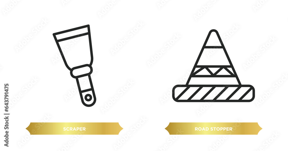 Poster two editable outline icons from construction concept. thin line icons such as scraper, road stopper 