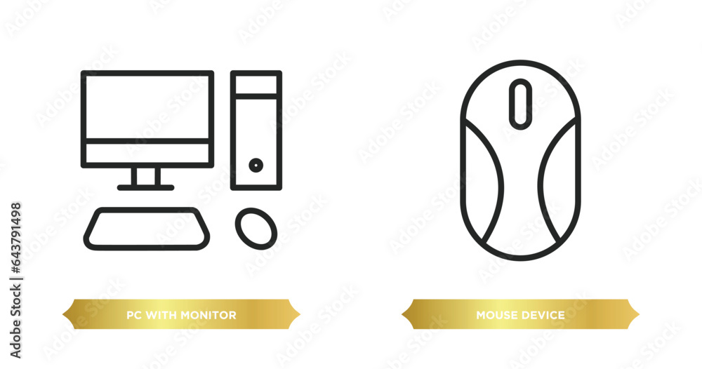 Poster two editable outline icons from computer concept. thin line icons such as pc with monitor, mouse dev