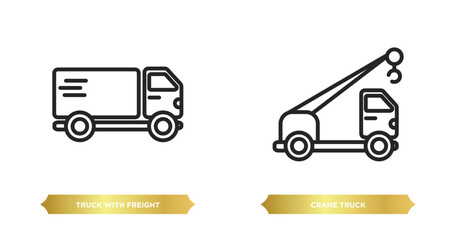 two editable outline icons from construction concept. thin line icons such as truck with freight, crane truck vector.