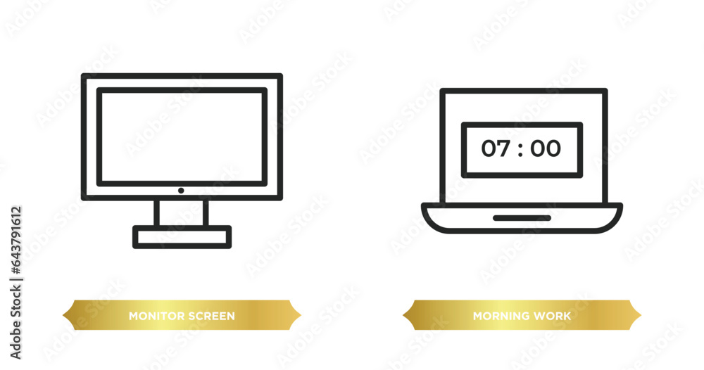 Poster two editable outline icons from computer concept. thin line icons such as monitor screen, morning wo