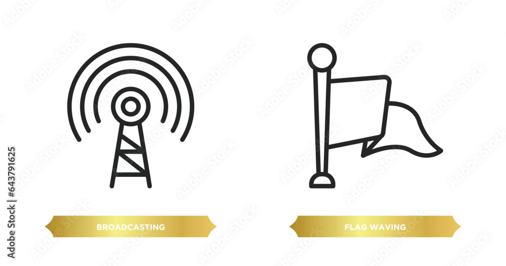 Poster two editable outline icons from communications concept. thin line icons such as broadcasting, flag w