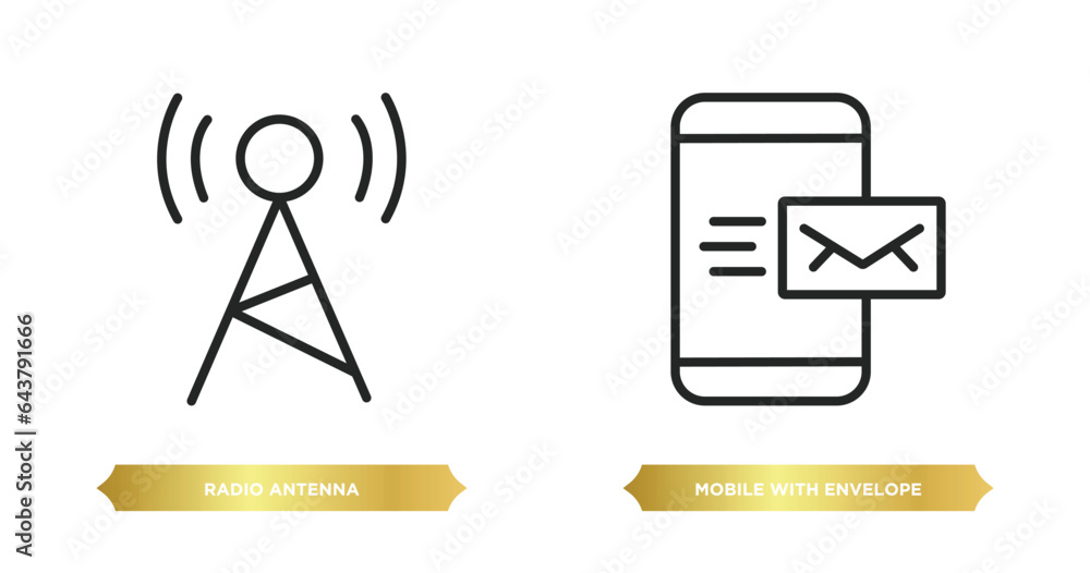 Poster two editable outline icons from communication concept. thin line icons such as radio antenna, mobile