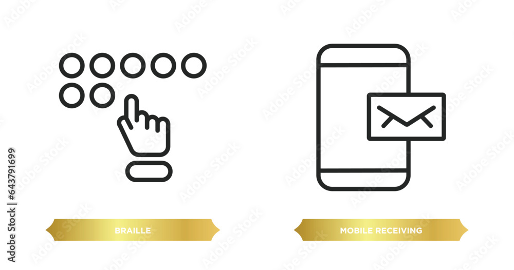 Poster two editable outline icons from communication concept. thin line icons such as braille, mobile recei