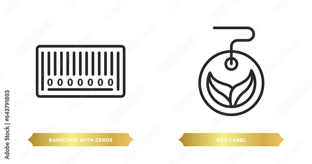 Poster two editable outline icons from commerce concept. thin line icons such as barscode with zeros, eco l