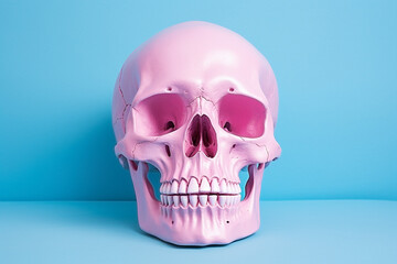 Pink skull on blue background.