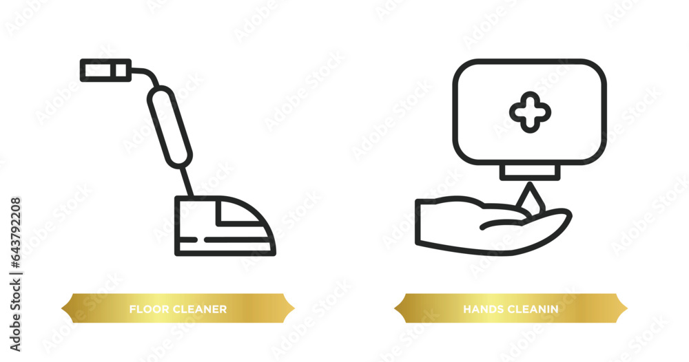Poster two editable outline icons from cleaning concept. thin line icons such as floor cleaner, hands clean