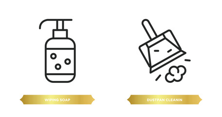 two editable outline icons from cleaning concept. thin line icons such as wiping soap, dustpan cleanin vector.