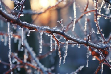 close-up of icicles forming on tree branches