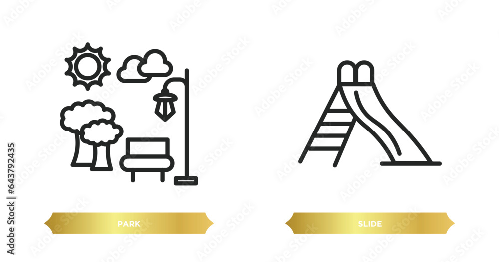 Poster two editable outline icons from city elements concept. thin line icons such as park, slide vector.