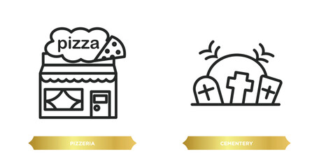 Obraz premium two editable outline icons from city elements concept. thin line icons such as pizzeria, cementery vector.