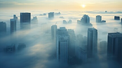 Fototapeta na wymiar Large city with skyscrapers shrouded in fog and smog aerial view