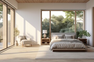Minimalist White Bedroom Interior with Wooden Floors and Comfortable Bed with Plump Pillows and A Lush Wooden View