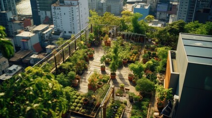 Aerial view of green rooftop garden showcasing sustainable city urban development