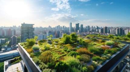 Aerial view of green rooftop garden showcasing sustainable city urban development - obrazy, fototapety, plakaty