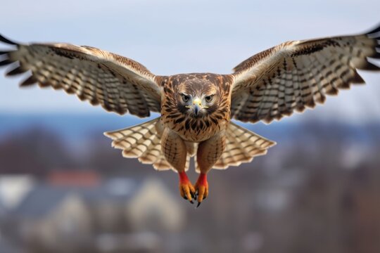 hawk hovering mid-air, with a focused and intense gaze