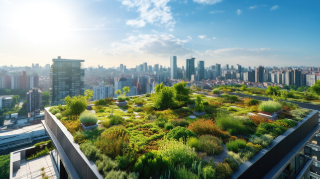 Aerial view of green rooftop garden showcasing sustainable city urban development