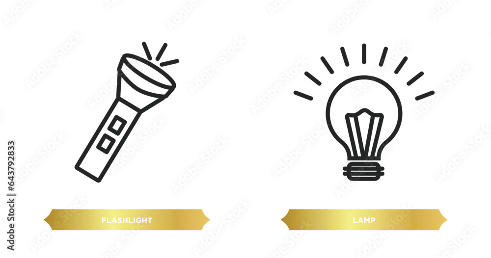Poster two editable outline icons from camping concept. thin line icons such as flashlight, lamp vector.