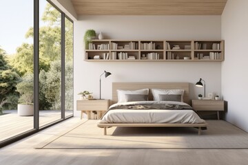White Minimalist Bedroom with Wood Bed Frame and Floating Bookshelf Over Sustainable Nightstands