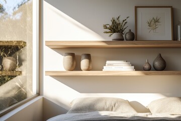 Fototapeta na wymiar Nordic Minimal Floating Wood Shelf with Small Vases Over Cozy Bed with Plush Pillows