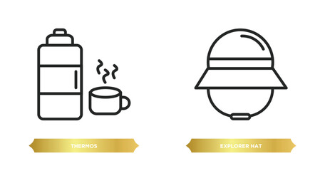 two editable outline icons from camping concept. thin line icons such as thermos, explorer hat vector.