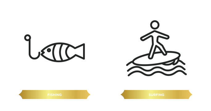 two editable outline icons from camping concept. thin line icons such as fishing, surfing vector.