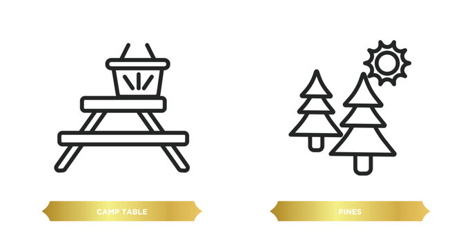two editable outline icons from camping concept. thin line icons such as camp table, pines vector.