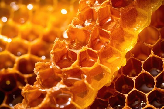macro shot of honeycomb cells filled with honey