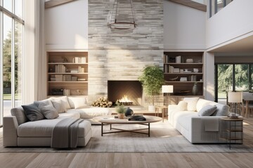 Calm Modern Farmhouse Indoor Family Room with Styled Bookshelves and Indoor Tree with Vaulted Ceiling