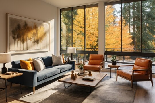 Fall Mountain Home with Modern Windows and Blue Sofa with Double Orange Accent Chairs with Tree Wall Art