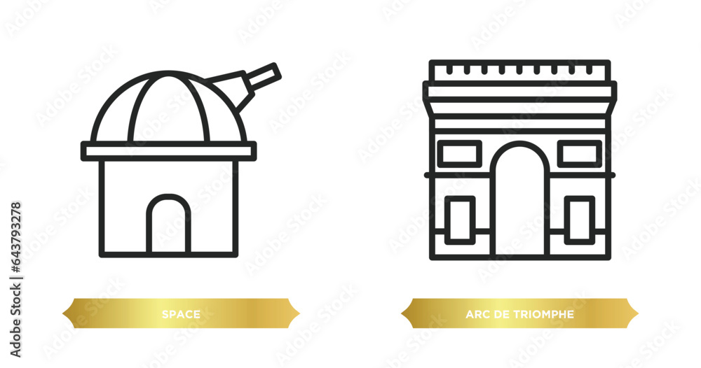 Poster two editable outline icons from buildings concept. thin line icons such as space, arc de triomphe ve
