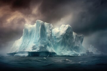 iceberg calving in stormy weather, dramatic sky