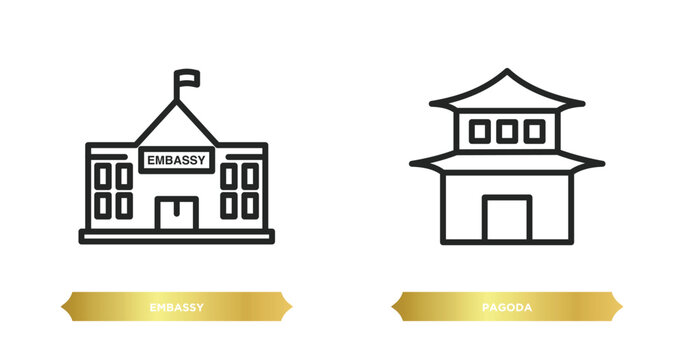two editable outline icons from buildings concept. thin line icons such as embassy, pagoda vector.