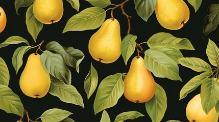 Obraz premium a painting of pears and leaves on a black background. generative ai