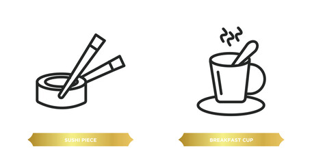 two editable outline icons from bistro and restaurant concept. thin line icons such as sushi piece, breakfast cup vector.