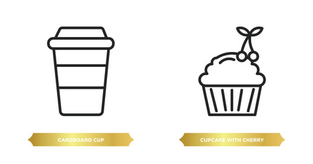 two editable outline icons from bistro and restaurant concept. thin line icons such as cardboard cup, cupcake with cherry vector.