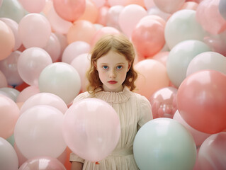 Fototapeta na wymiar Cute little girl surrounded with pastel pink balloons.