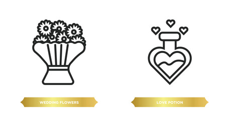 two editable outline icons from birthday and party concept. thin line icons such as wedding flowers, love potion vector.