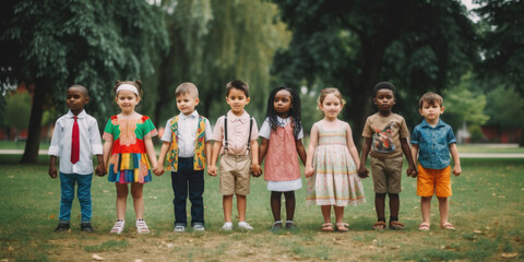 Generative AI, children of different races and nationalities hold hands in the park, diversity, friendship, european, black, asian, kids, kindergarten, child, friends, team, playground - obrazy, fototapety, plakaty